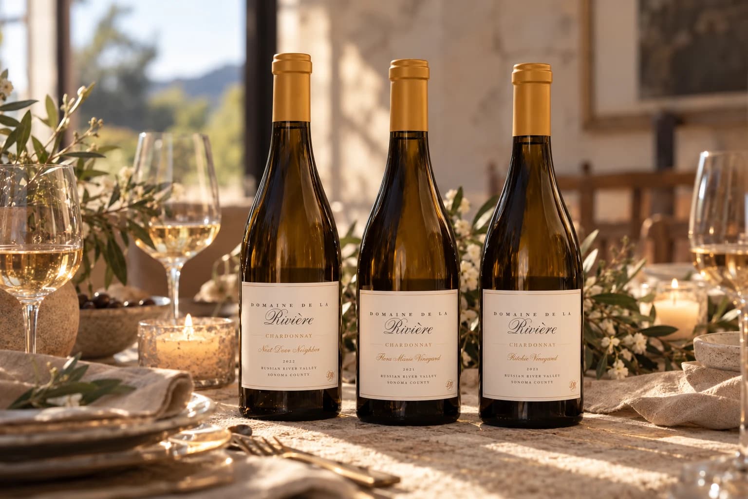 2022 Next Door Neighbor, 2021 Flora Marie Vineyard, and 2021 Ritchie Vineyard Chardonnay in warm daylight