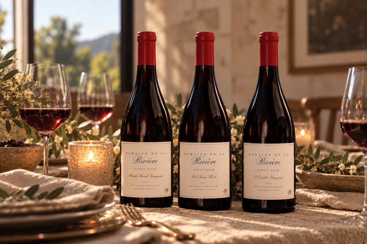 2022 Middle Reach Vineyards, 2021 Red Barn Block, and 2021 El Diablo Vineyard Pinot Noir in candlelight