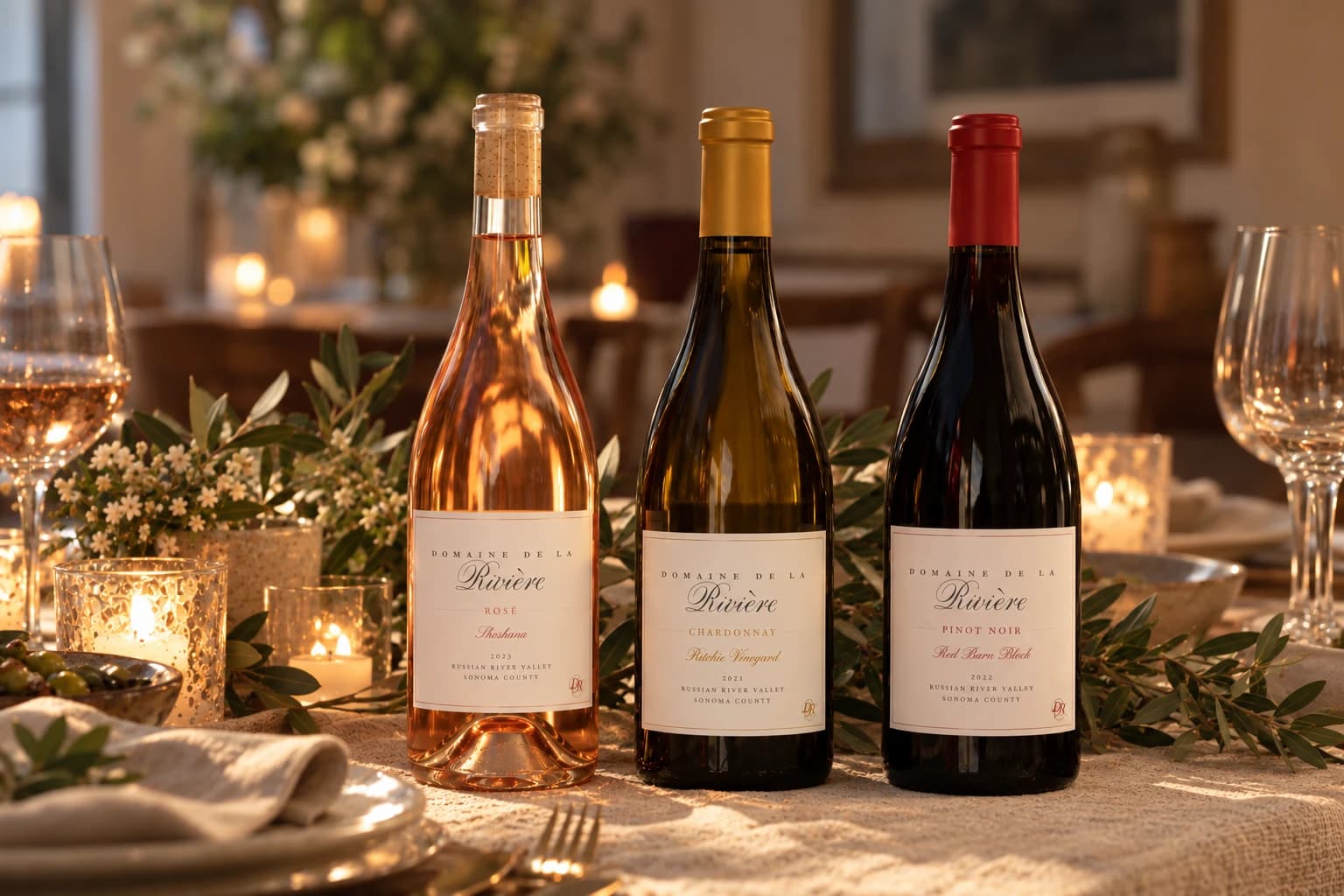 2025 Shoshana Rosé of Pinot Noir, 2021 Ritchie Vineyard Chardonnay, and 2022 Red Barn Block Pinot Noir on a candlelit dinner table