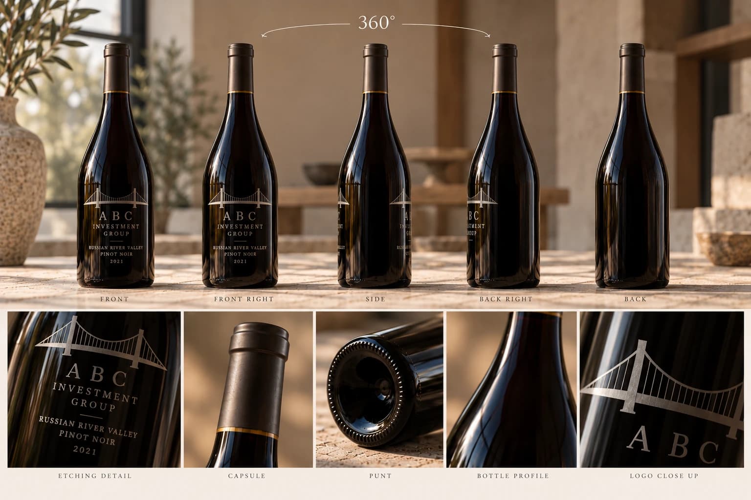 An etched Russian River Valley Pinot Noir bottle from every angle: front, side and back, with close-ups of the logo, capsule, punt and etching